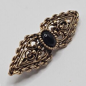 Gold Tone Bar Brooch Black Cabochon Filigree Victorian Style Vtg Ornate 2" in
